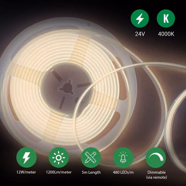 ENER-J COB LED Strip Light Kit, 5m, 24V, 4000K, White, Dimmable with UK Plug