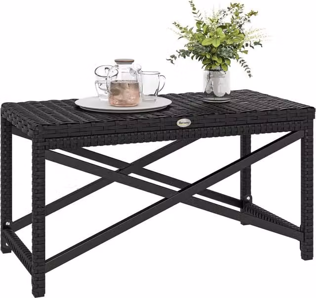 Outsunny Modern Woven Outdoor Coffee Table with Plastic Board in Black