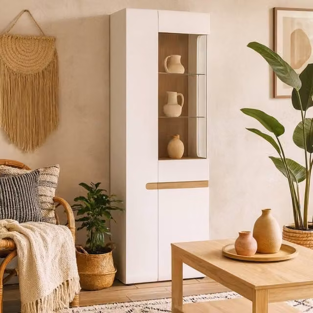 Wyld Haus Foxwhisk Tall Glazed Narrow Display Unit in White Gloss and Truffle Oak, H: 194.5 cm, W: 64.0 cm, D: 42.0 cm – 1