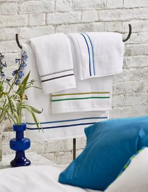 Designers Guild Blue and White Striped Embroidered Fluffy Cotton Towel