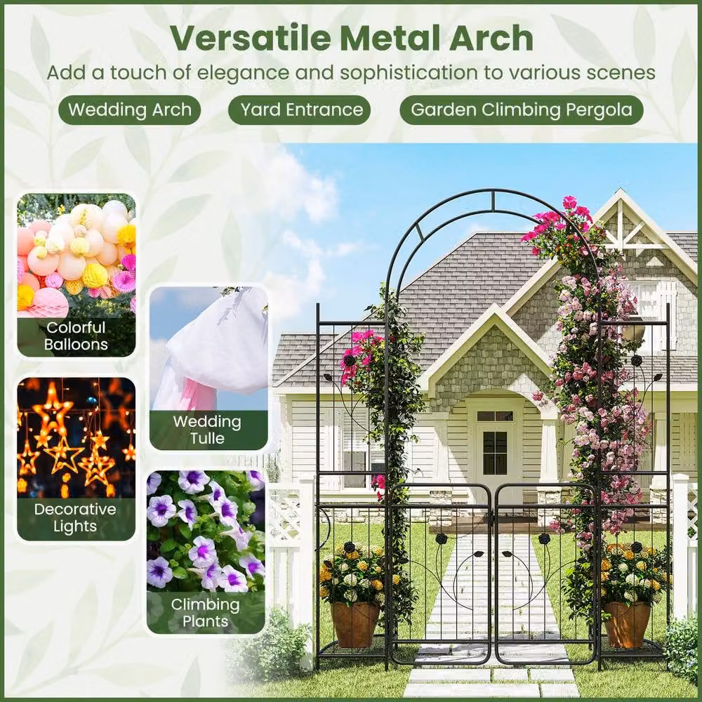 Costway Metal Garden Archway with Lockable Gate and Trellis in Black, Height: 220 cm – 6