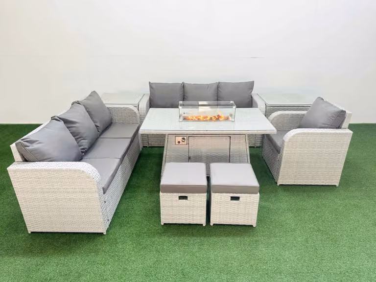 Fimous 9 Seater Poly Rattan Outdoor Garden Furniture Set in Grey with Firepit Dining Table, 3 Seater Sofa, Reclining Chair, 3 Seater Sofa Stools and 2 Side Tables