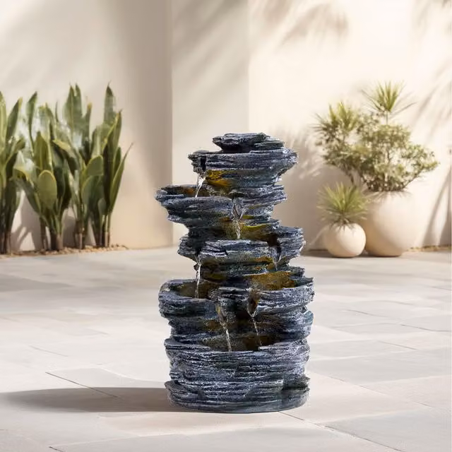 Lifeideas Grey Solar Submersible Tabletop Rockery Fountain with LED Lights, Diameter: 27.9 cm