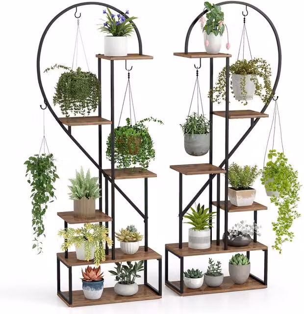 Costway 2 Pack 6-Tier Metal and Wood Heart-Shape Ladder Plant Shelves in Brown