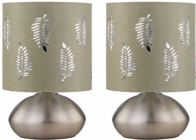 First Choice Lighting Jenson Set of 2 Brushed Chrome Touch Table Lamps with Green Fabric Shades – 1