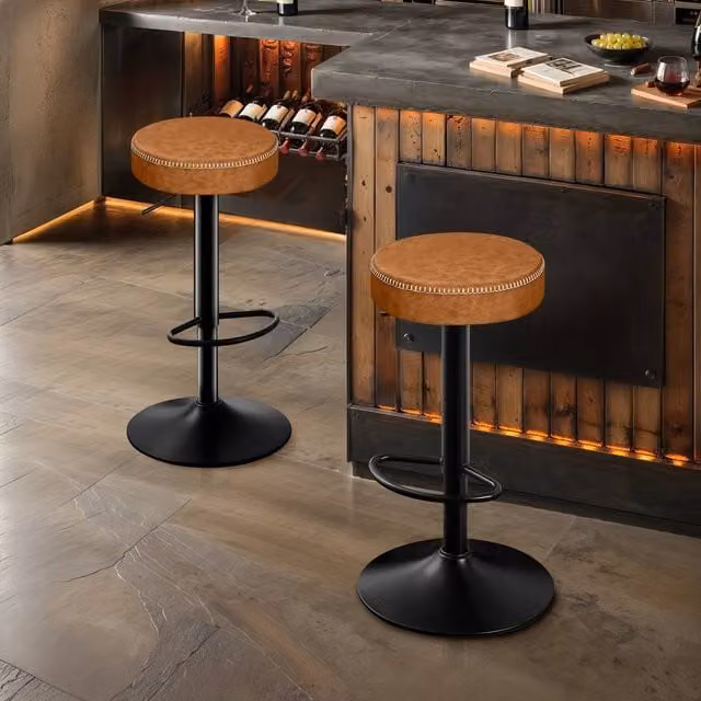 STOOLINK Set of 2 Swivel Bar Stools in Brown Synthetic Leather with Metal Frame, H: 65.5 - 85.6 cm – 1