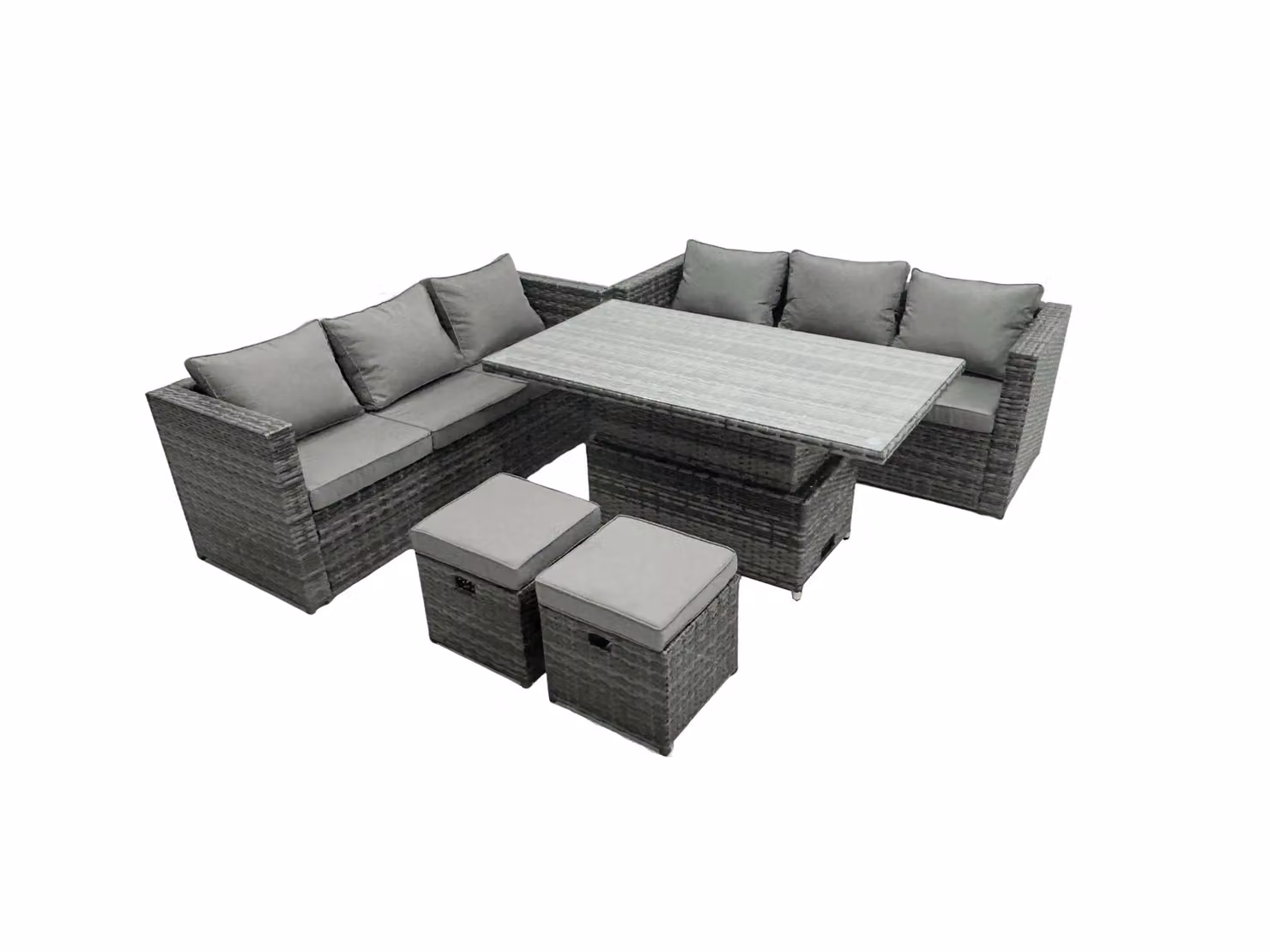 Fimous 8 Seater Outdoor Rattan Garden Furniture Set in Dark Grey with Adjustable Lifting Dining Table and Ottomans – 2