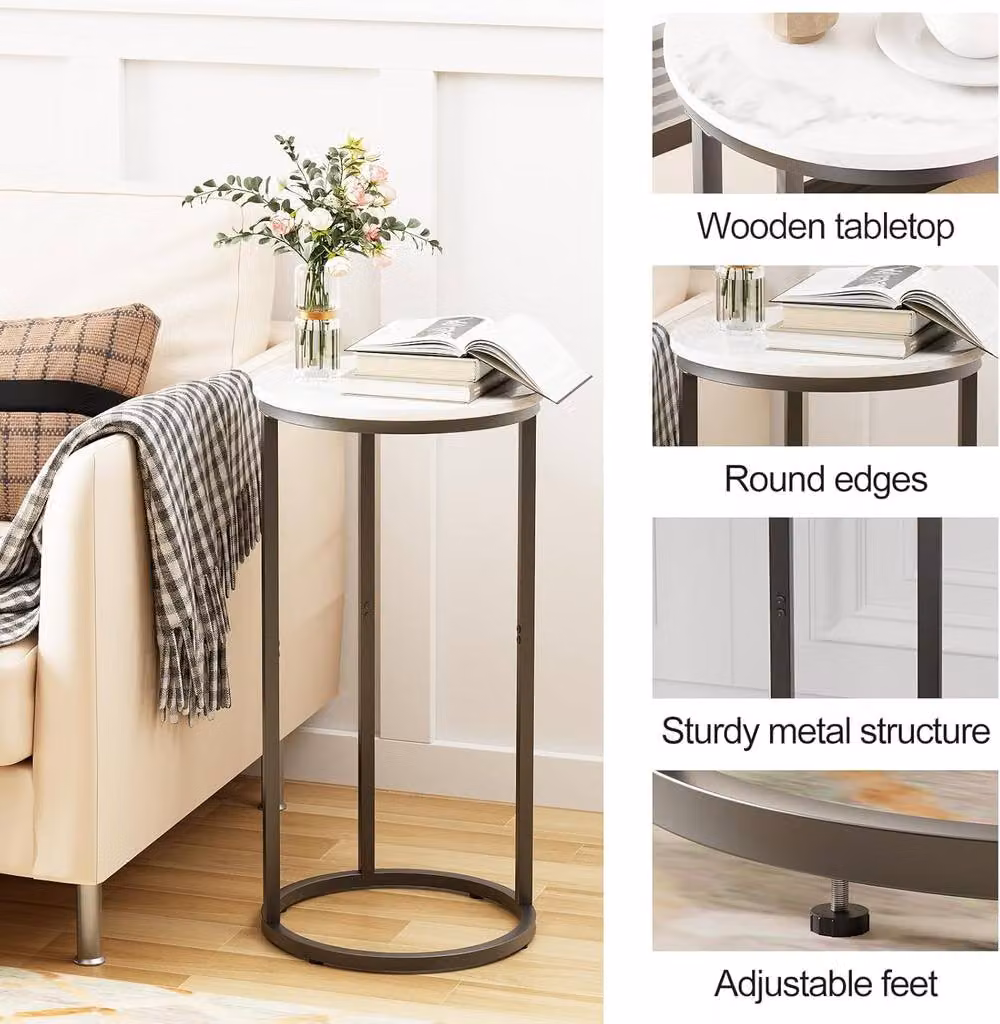 Huhote C Shaped Side Table with Black Metal Frame and Round Wood Top – 3