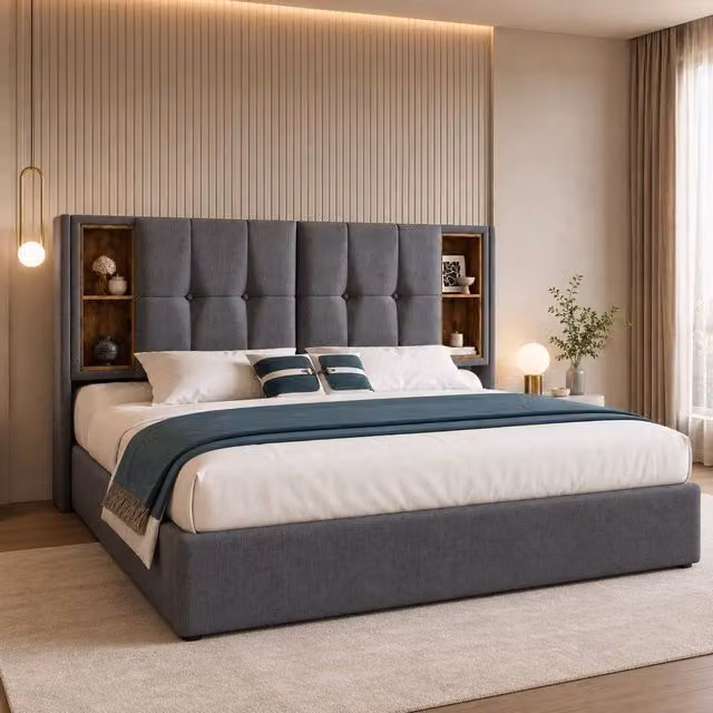 STILVORA Modern Grey Upholstered Double Bed Frame with Storage, Bedside Shelf and USB Charging Port, W/D/H: 140 x 200 x 135 cm – 1