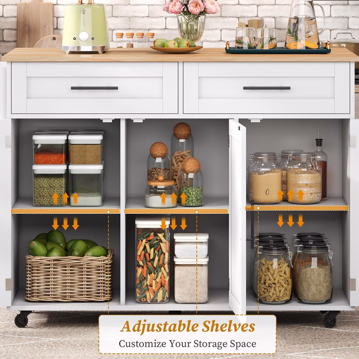 Aosom UK Modern Mobile Kitchen Island Trolley with 2 Drawers, Cabinets and Foldable Tabletop, White and Natural, W: 129 cm, D: 46 cm, H: 91.5 cm – 3