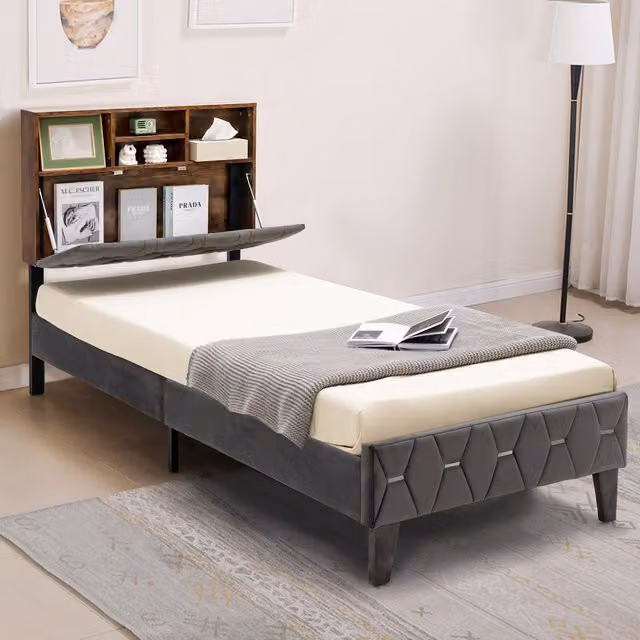 Costway Grey Velvet Upholstered Platform Bed with Lift Up Base and Bedside Shelf