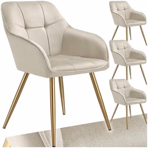 tectake Marilyn Set of 4 Dining Chairs with Velvet Fabric and Gold Metal Legs in Cream/Gold