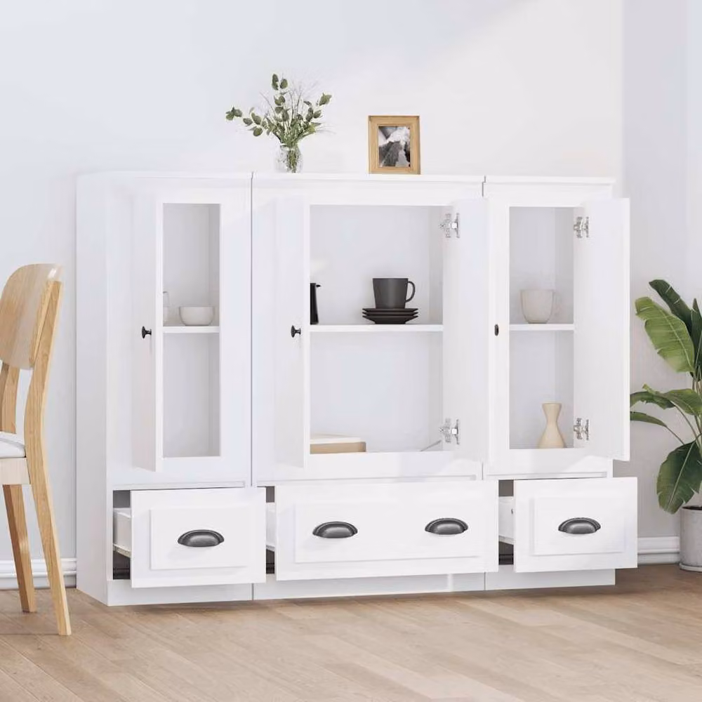 Berkfield Home Set of 3 White Matt MDF Wall-Mounted Highboards with Glass Doors and Internal Shelves