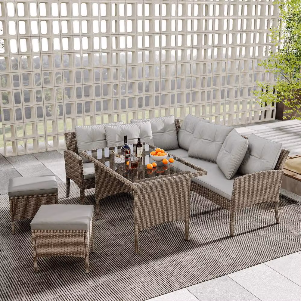 STILVORA Modern Grey Garden Sofa Set with Table and Stool featuring Rattan and Glass Details – 2