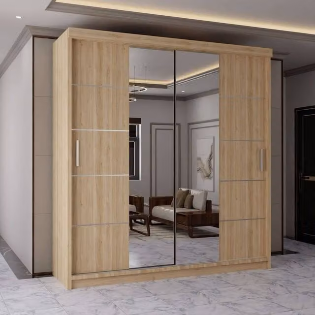 MN Furniture Modern Sliding Mirror Door Wardrobe with Integrated LED Lighting in Light Oak, W: 150 cm, H: 217 cm