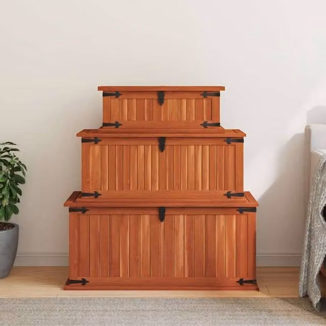 Berkfield Home Set of 3 Rustic Brown Solid Acacia Wood Storage Chests – 1