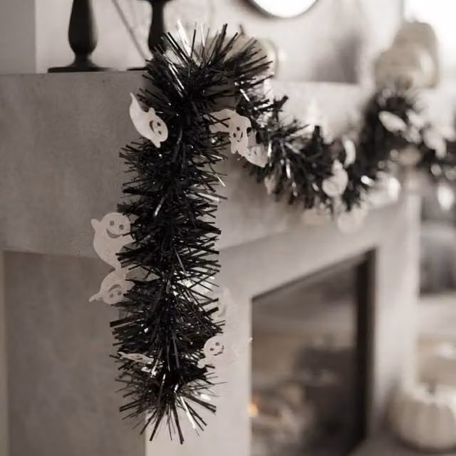 Garden Greatness Spooky Ghost Black and White Tinsel Garland for Halloween – 1