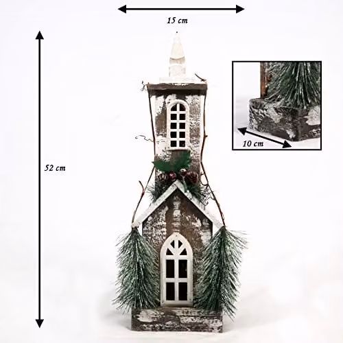 Shatchi Christmas Wooden House Tabletop Centrepiece in Green and White with Berries, Pines and 10 Warm White Bulbs, Height: 52 cm – 4