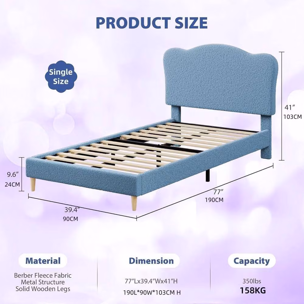 London Boutique Single Upholstered Platform Bed Frame with Scalloped Headboard in Blue – 2