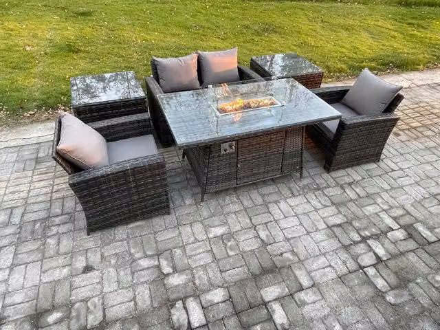 Fimous Outdoor Rattan Sofa Set with Gas Firepit Dining Table and 2 Side Tables in Dark Grey