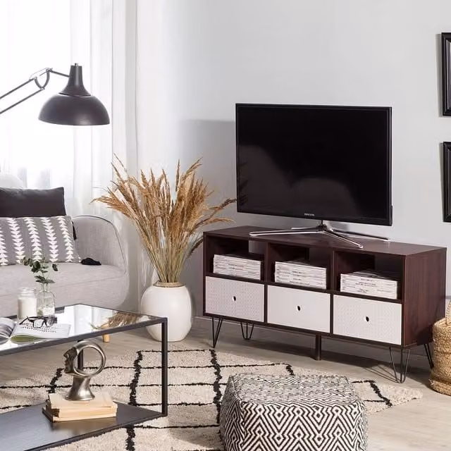 Wyld and Coco Modern 2 Tone TV Stand in Brown and White with 3 Drawers, W: 120 cm, D: 35 cm, H: 60 cm