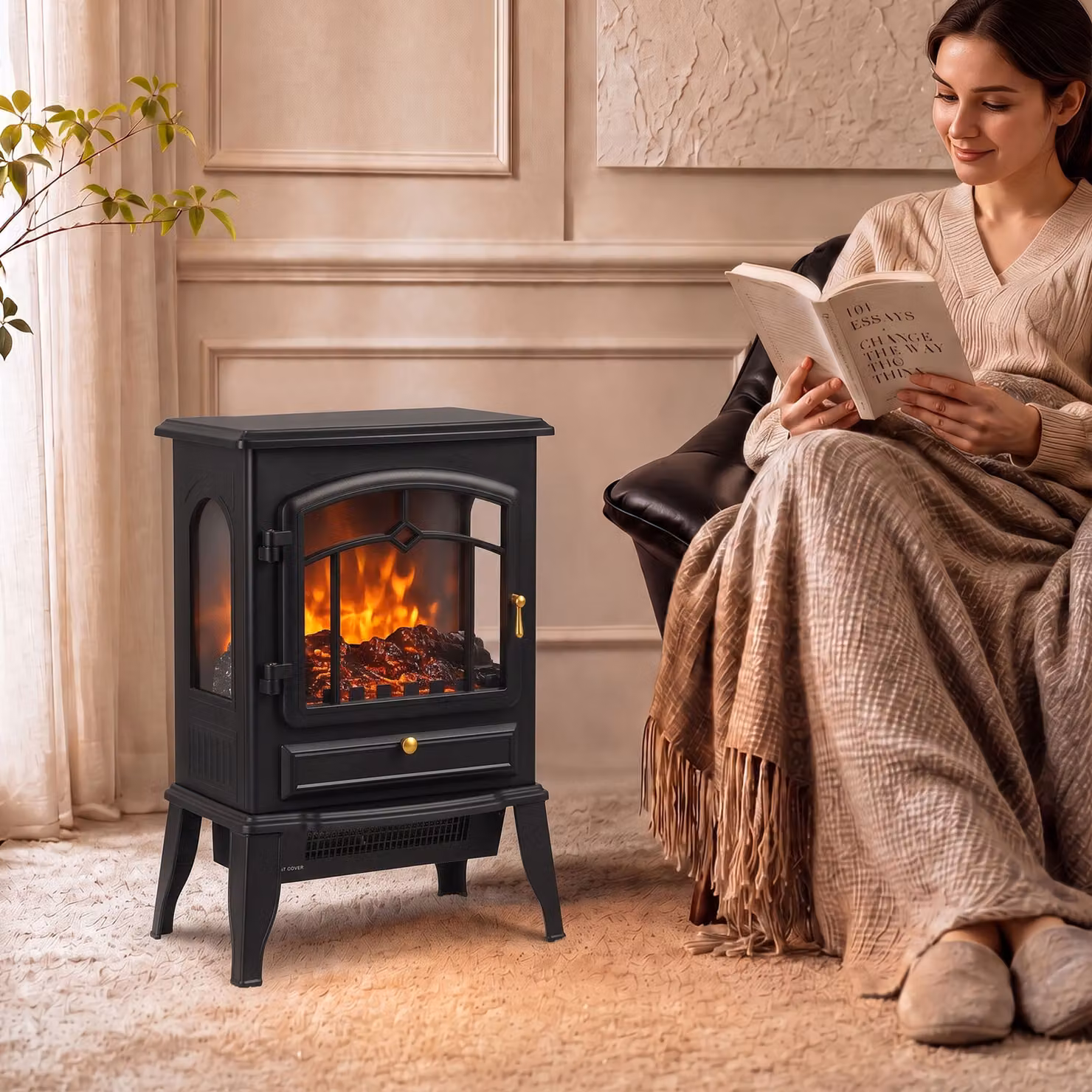HOMCOM Electric Fireplace Stove, 1000/2000W 3-Sided Freestanding Heater with 3D Flame Log and Thermostat, Black – 2