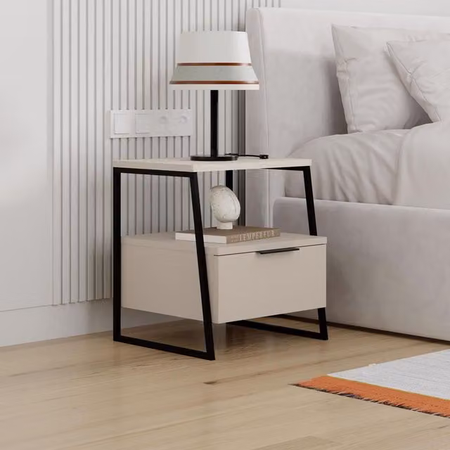 FWStyle Sandstone 1 Door Bedside Table with Black Metal Frame