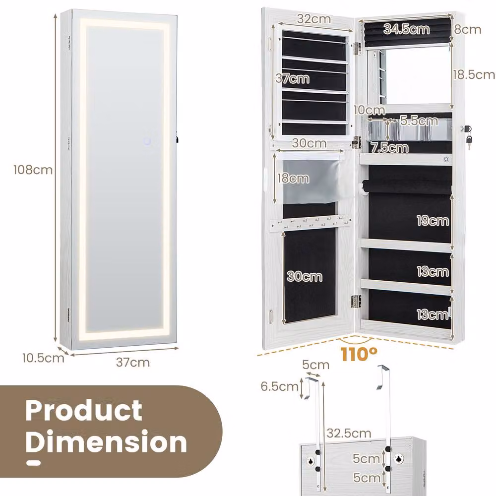 Costway Lockable Jewelry Mirror Cabinet with LED Lighting in White, Height: 108 cm – 2