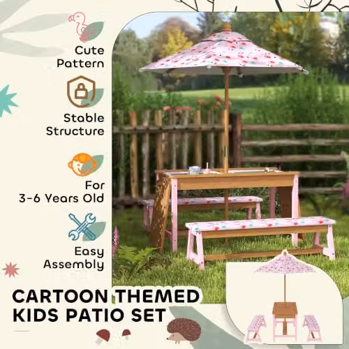 AIYAPLAY Pink Wooden Kids Picnic Table and Bench Set with Animal Print Design – 4