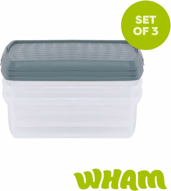 Wham Set of 3 Stackable Square Plastic Storage Boxes with Clip Lock Lids, 13.2L Each, Green and Transparent