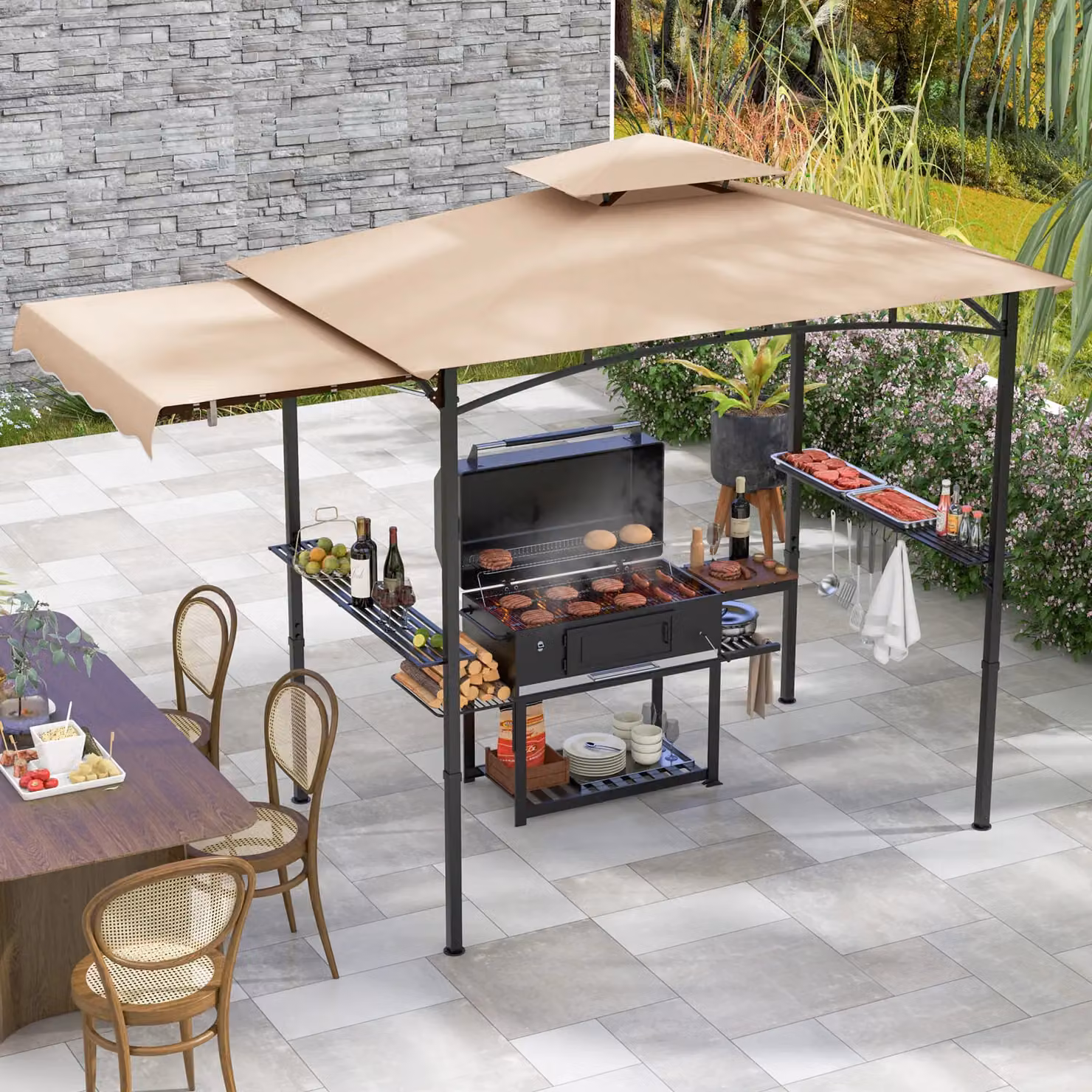 Costway Grill Gazebo Outdoor Barbecue Canopy Tent with Side Awning, Beige, W: 318 cm, D: 153 cm, H: 250 cm – 2
