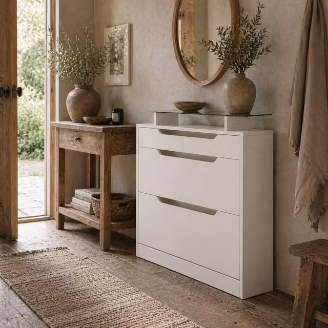 Wyld Haus Masola White Narrow Shoe Cabinet with 2 Flip Doors, Slide-Out Drawer and Tempered Glass Top