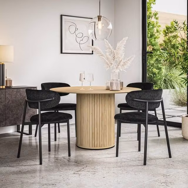 More4Homes Arlo Oak Round Dining Table and Myla Linen Dining Chair Set of 6 in Black, W: 120 cm, H: 75 cm – 1