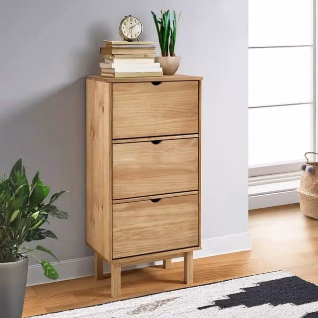 Berkfield Home OTTA Brown Solid Wood Pine Shoe Cabinet with 3 Drawers and Tilting Compartments – 1