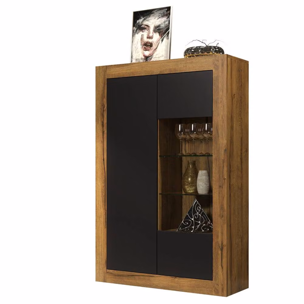 Creative Furniture Arcadia Modern Display Cabinet in Dark Oak and Black Matt with Glass Doors, W: 140 cm, H: 93 cm, D: 35 cm – 3