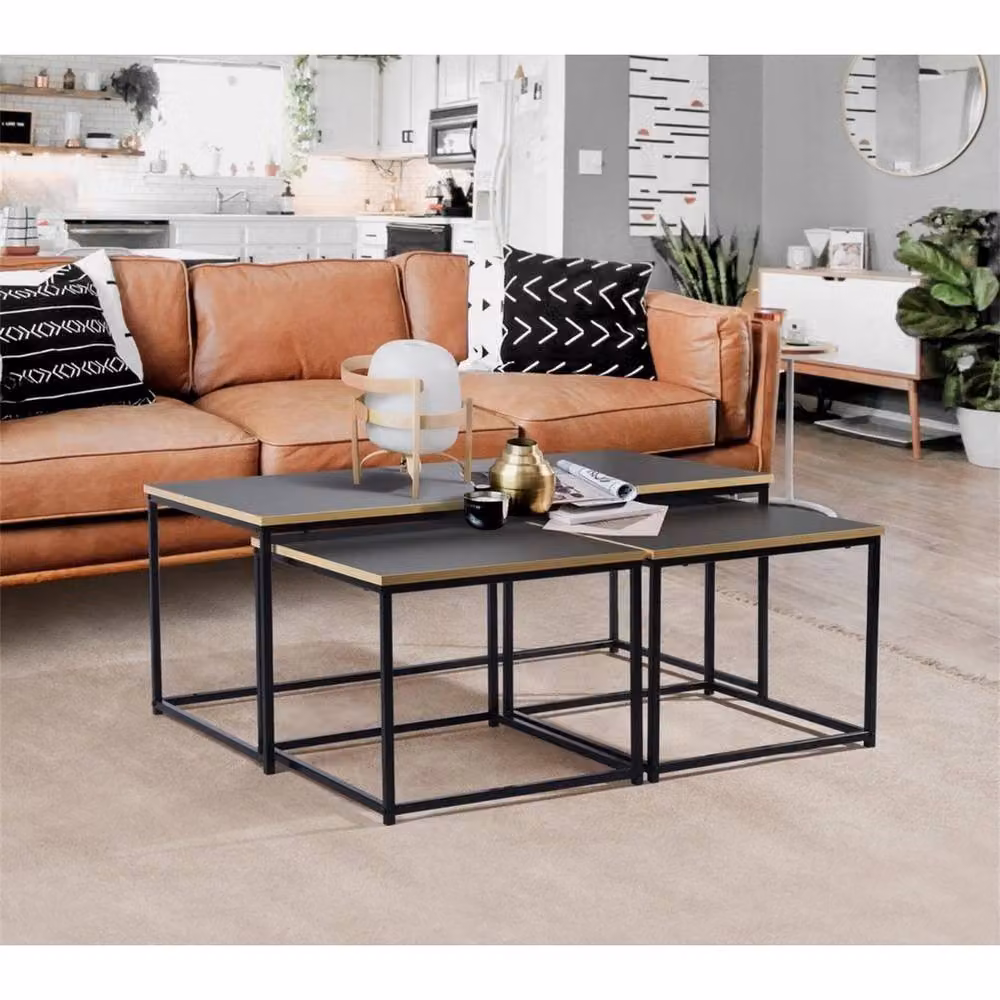 VOGREX 3-Piece Nesting Coffee Table Set with Black Metal Industrial Frame and Brown Wood Tops – 5