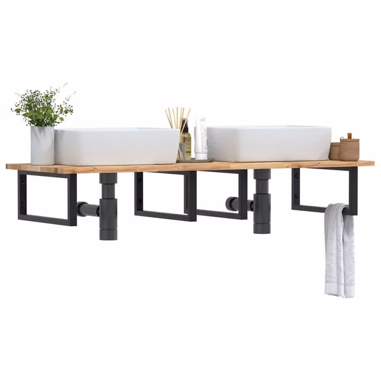 Berkfield Home Wall Mounted Basin Shelf in Brown Steel and Solid Acacia Wood