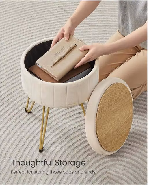 SONGMICS Velvet Storage Ottoman Stool in White