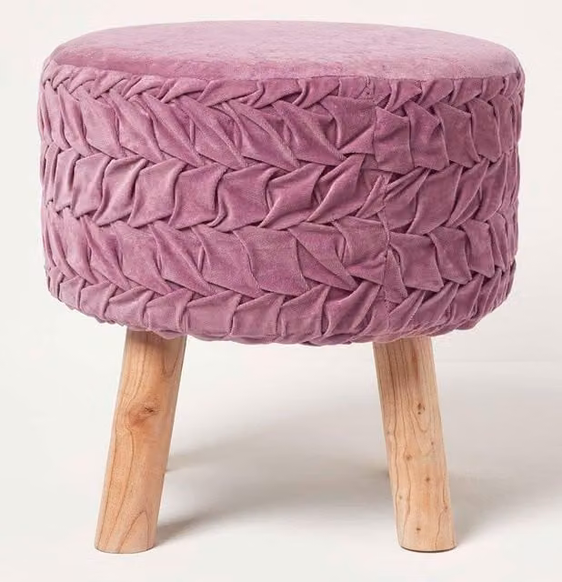 Homescapes Lyla Cylindrical Pleated Velvet Footstool in Purple – 1