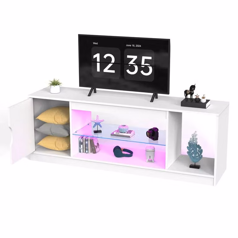 FORGEVIO Modern LED TV Stand Unit with Integrated Lighting in White, W: 148 cm, H: 36 cm, D: 52.5 cm