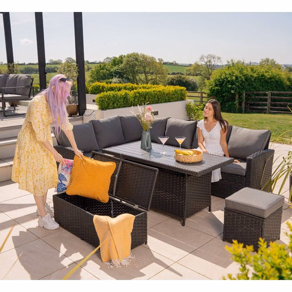 Furniture Maxi Rosen 9 Seater Rattan Garden Dining Set with Storage Bench and Stool in Black – 4