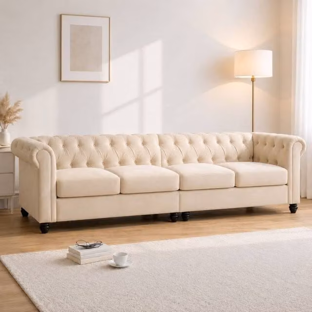 Sofaya Hampton 4 Seater Chesterfield Sofa in Beige Velvet – 1
