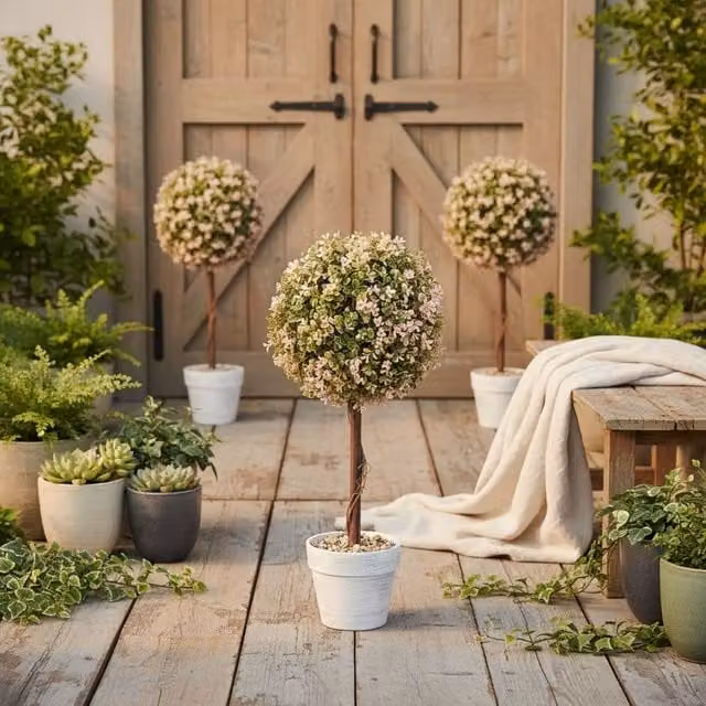 Wyld Haus Lovea Set of 2 Artificial Murraya Flower Plants in Metal Pots, White and Green, Height: 60 cm – 1