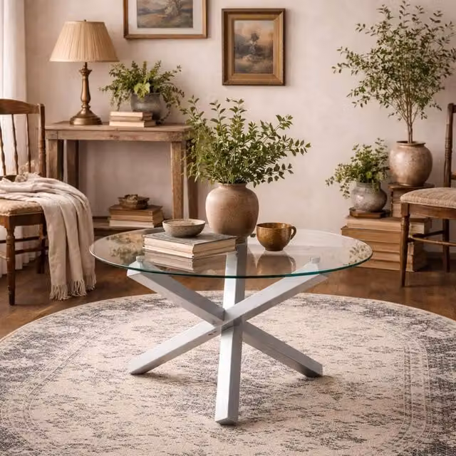 Wyld Haus San Sebastian Round Glass Dining Table, Transparent and Silver, Diameter: 120 cm, Height: 75 cm – 1