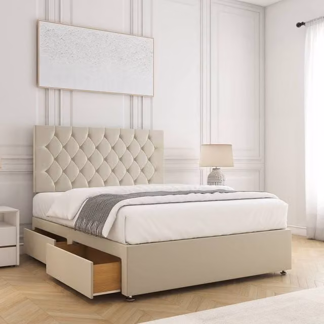 BSSPOKE Mia Plush Velvet Small Double Divan Bed Set with 24 inch Headboard, 2 Drawers, Footend and Mattress in Cream