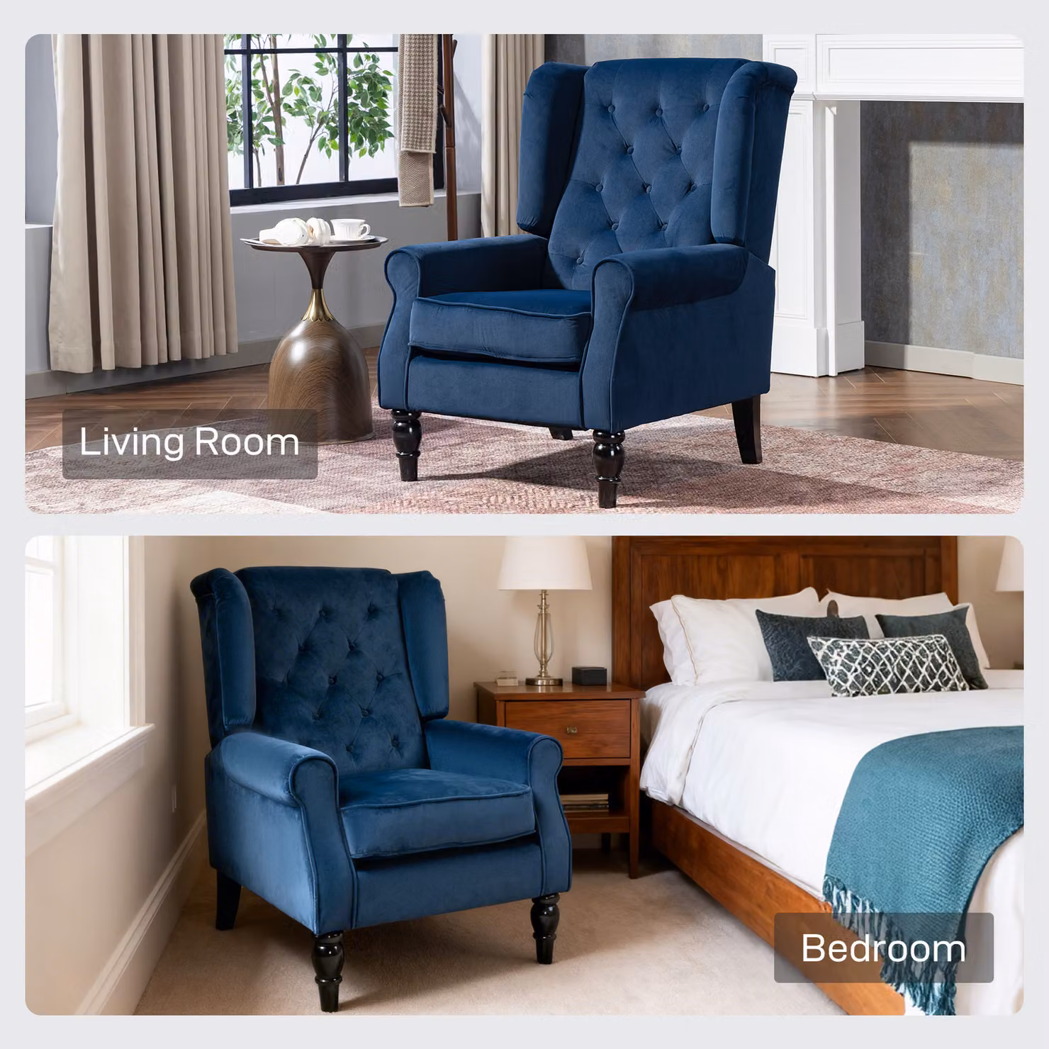 HOMCOM Retro Wingback Accent Chair in Dark Blue Velvet with Solid Wood Frame – 8