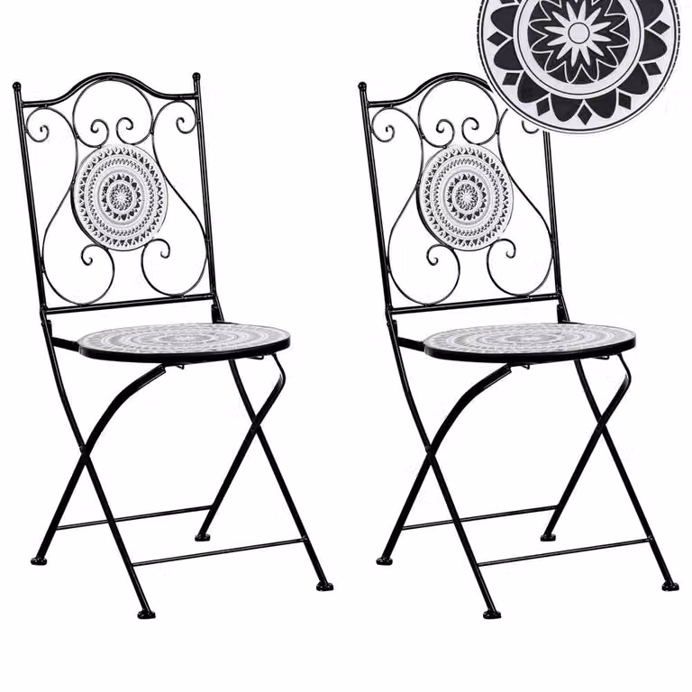 Wyld and Coco Set of 2 Black Iron Folding Chairs with Black and White Geometric Ceramic Tile Seats