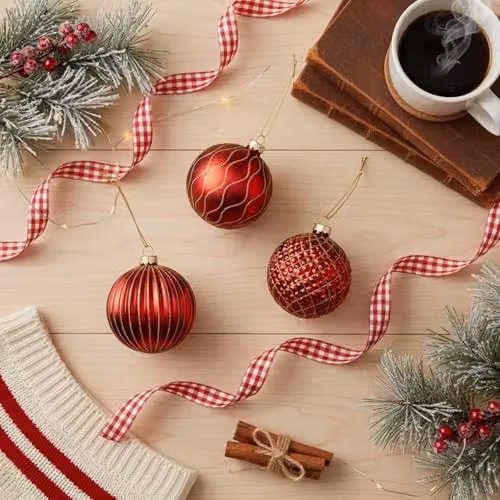 Shatchi Set of 12 Red and Gold Glass Baubles, 8 cm Round Hanging Christmas Ornaments – 7