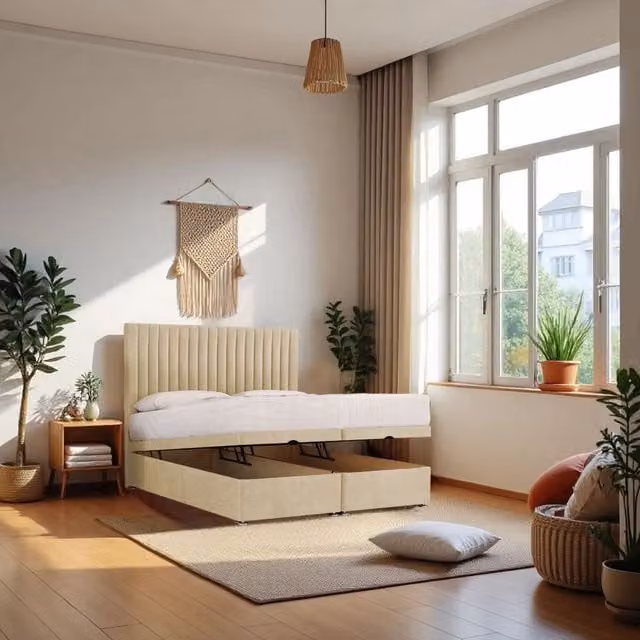Knight Sleep Emily Double End Opening Ottoman Bed, Hybrid Mattress and 24 inch Headboard in Cream