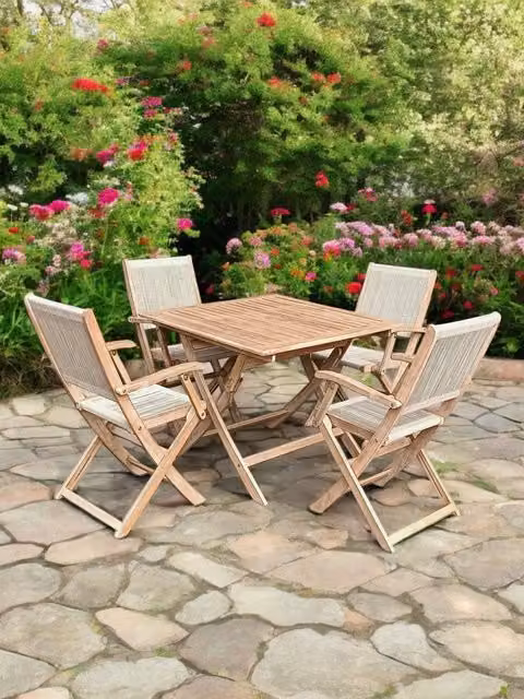 Royalcraft London 90cm Square Folding Garden Dining Set with 4 Natural Acacia Wood Rope Armchairs